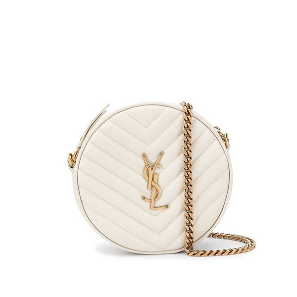 YSL Saint Laurent Vinyle 粒紋皮革圓餅包 單肩斜挎包 白色