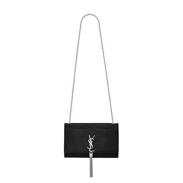 YSL Saint Laurent Kate 中號 鱷魚壓紋鏈條單肩斜挎包 流蘇包 黑色