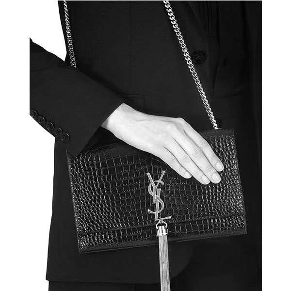 YSL Saint Laurent Kate 中號 鱷魚壓紋鏈條單肩斜挎包 流蘇包 黑色